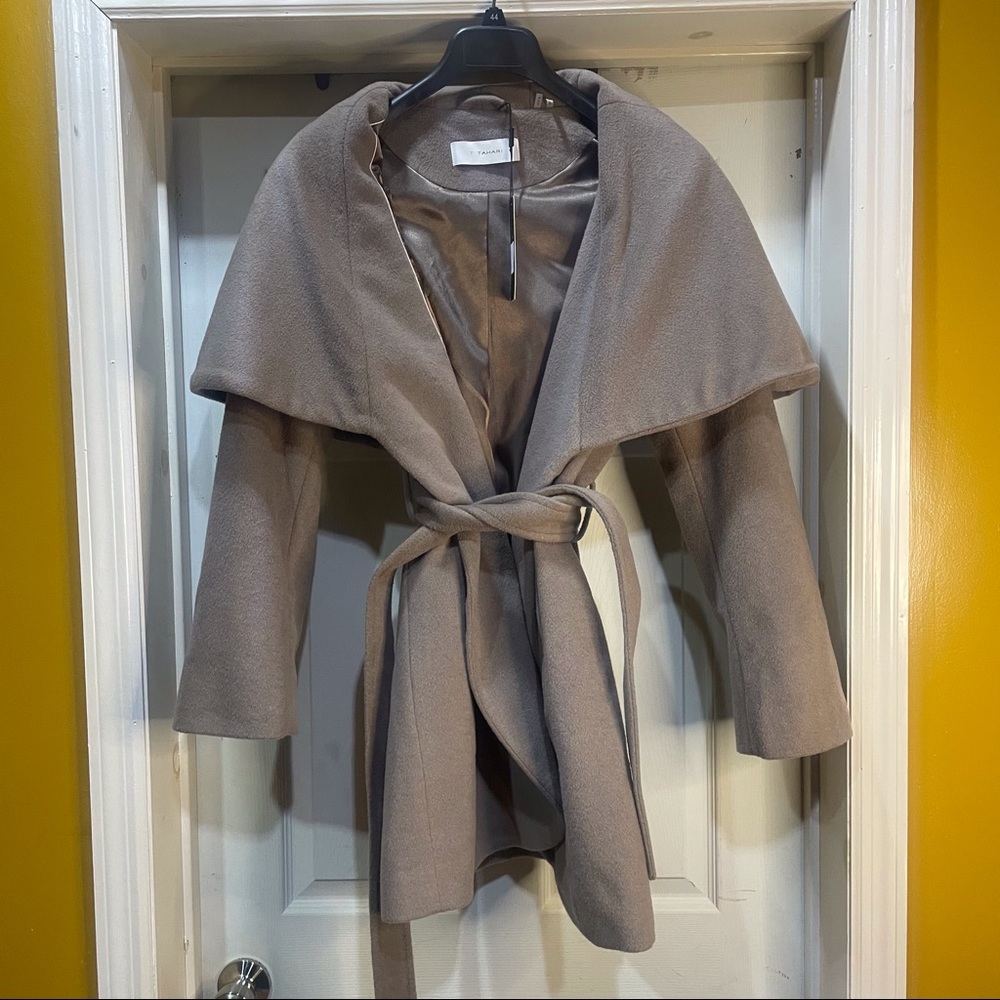 T Tahari Womens Marla Taupe Coat Blend Wrap Coat